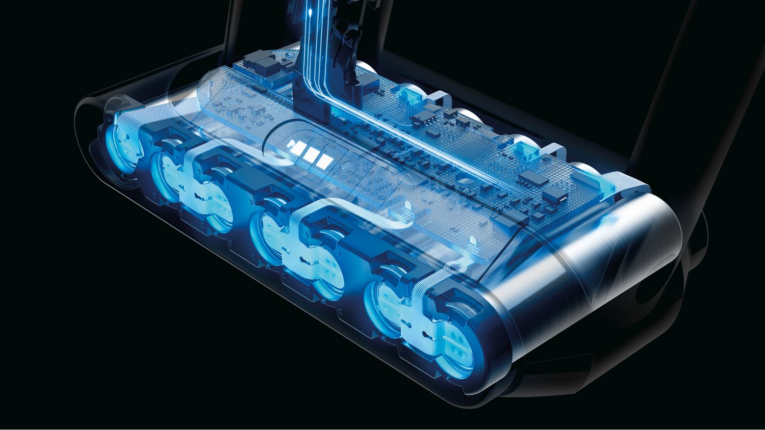 A cutaway of the Dyson Cyclone V10 Submarine wet and dry vacuum cleaner battery pack.